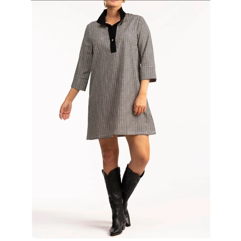 Smith & Quinn Gingham Check Mini Dress Black White Corduroy Collar 3/4 Sleeve S